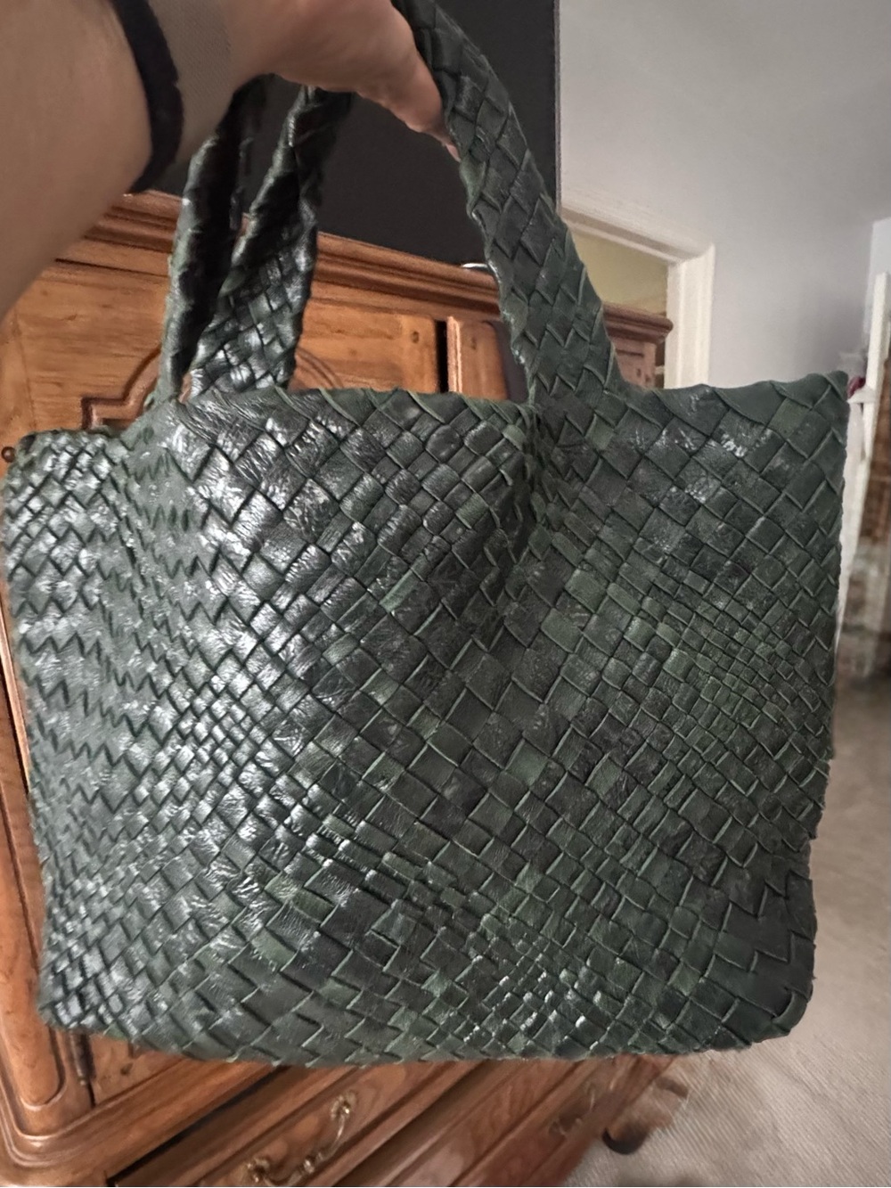 Falor Woven Leather Tote Bag in Dark Green